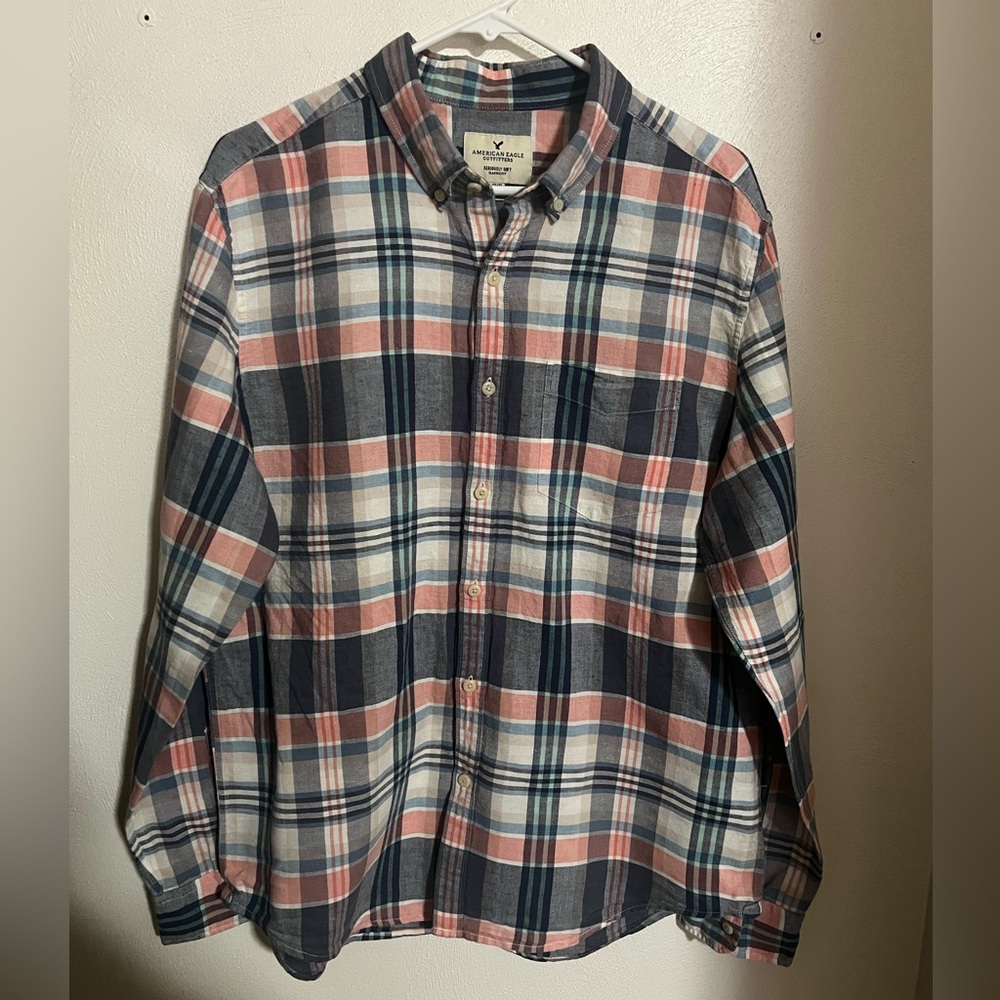 AMERICAN EAGLE Linen Cotton Blend Plaid Button Down Shirt Blue Pink Men's Size L